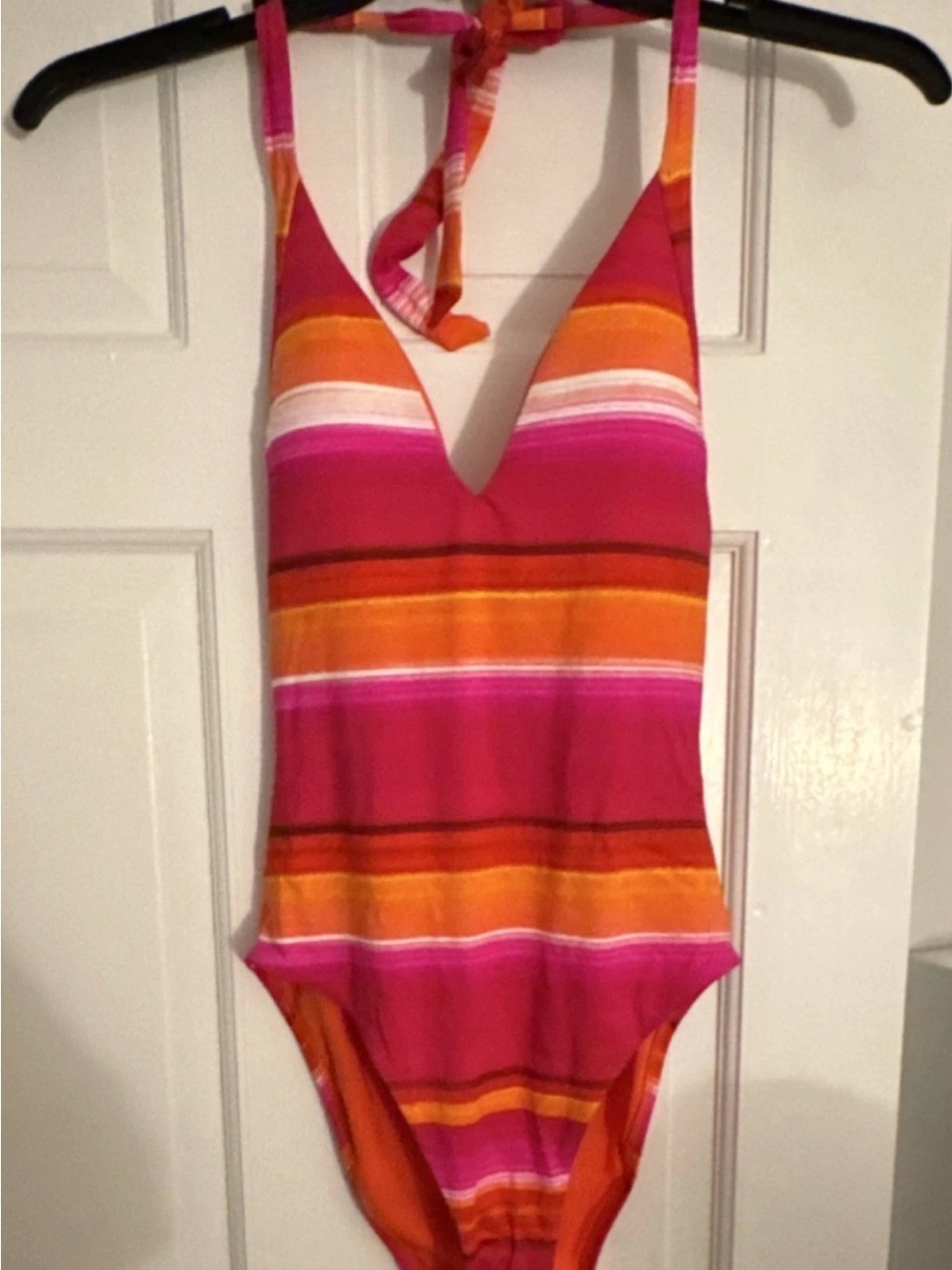 Trina Turk Pink & Orange Striped Halter One-Piece Swimsuit